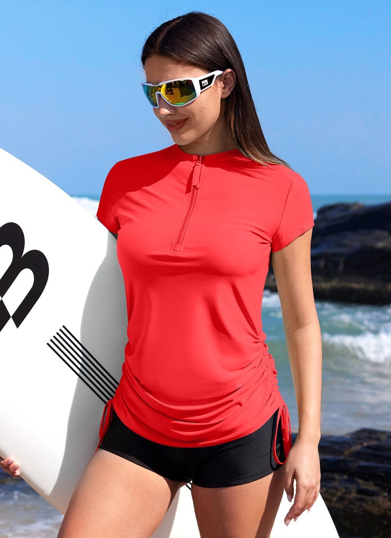 BesserBay Women Rash Guard Short Sleeve Swim Shirts Ruched Front Zipper Rashgaurd Swim Top Coral XL - Image 5